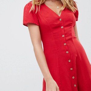 New Look Petite Red Button Through Short Sleeves Tea Dress, Size US 2, NWT